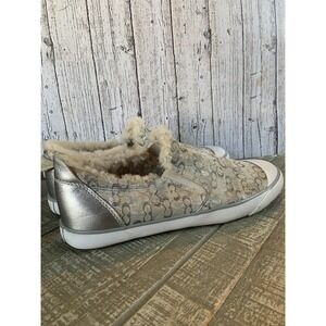 Coach‎ Womens Sneakers 8.5 Silver Signature Shearling Lined Slip On Casual Shoes